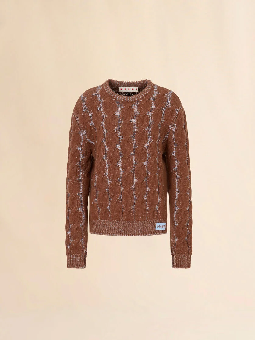 BROWN MOULINÉ WOOL-VISCOSE SWEATER WITH CABLE PATTERN - 1