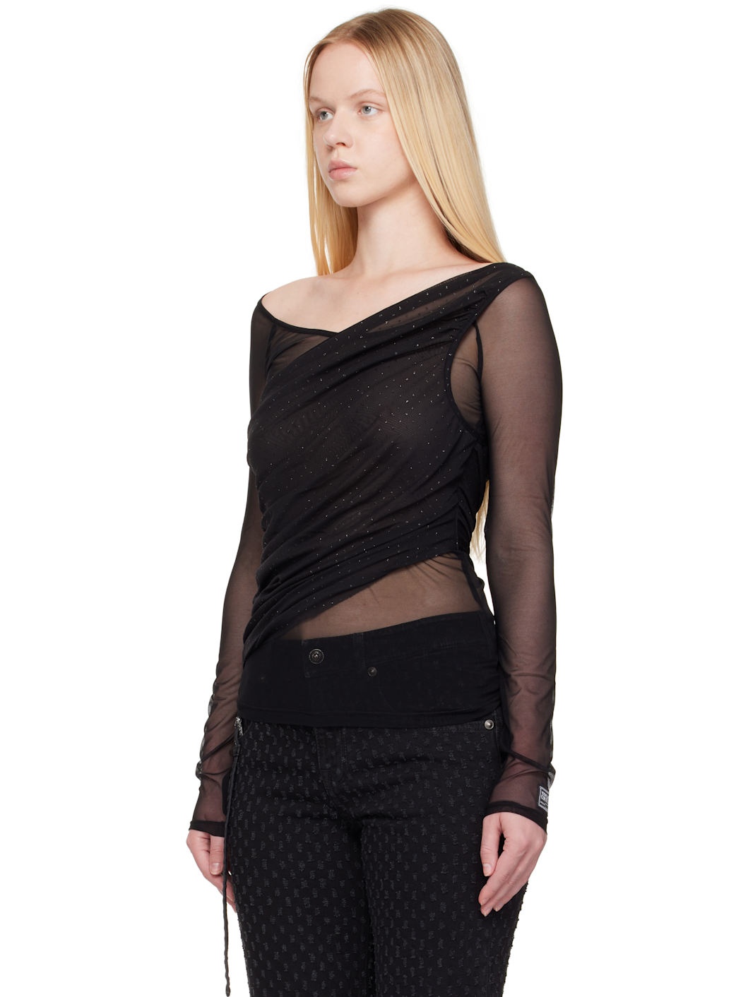 Black 'STR' Tulle Glitter Top - 4