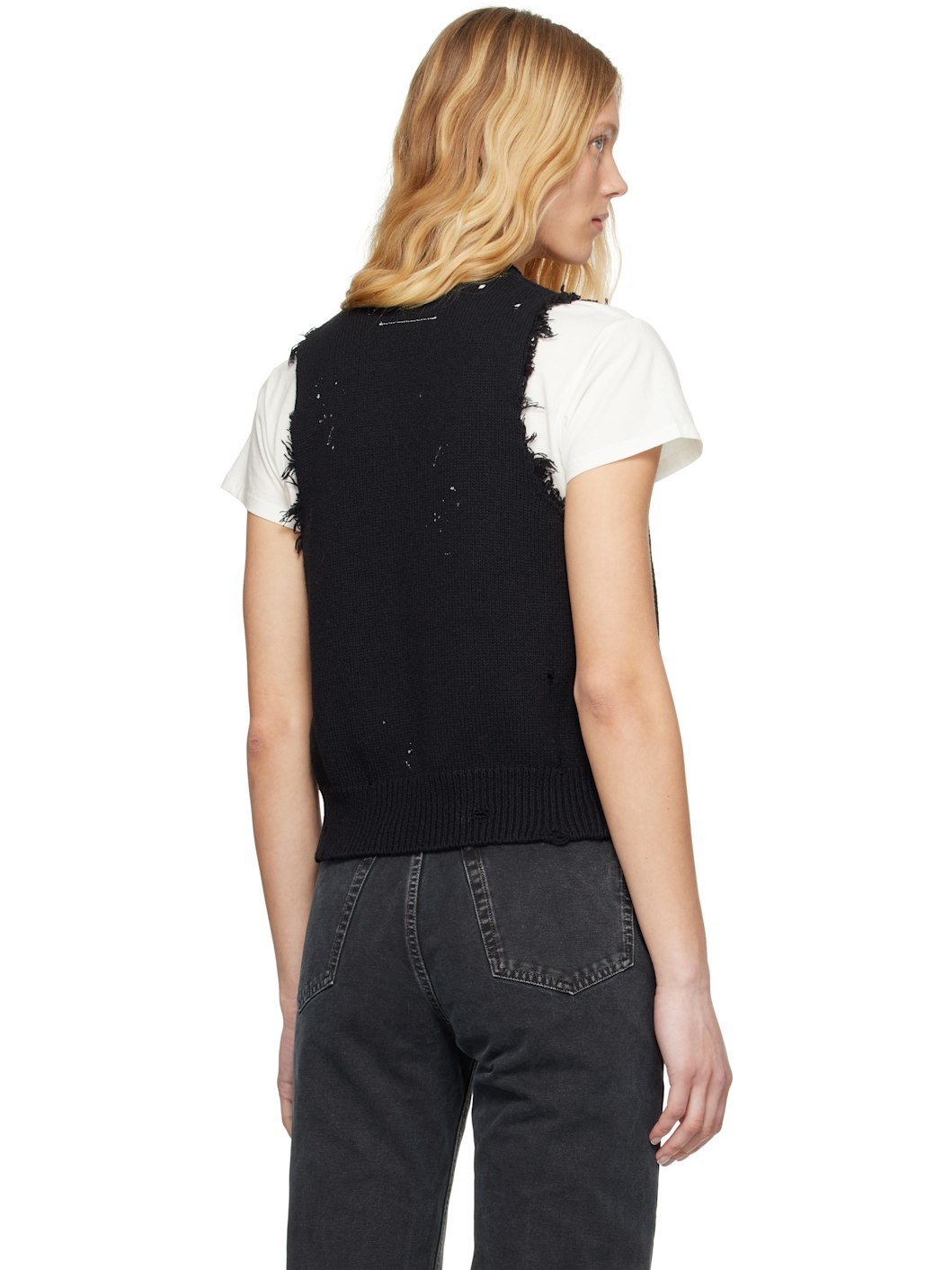Black Open Cut Printed Vest - 3