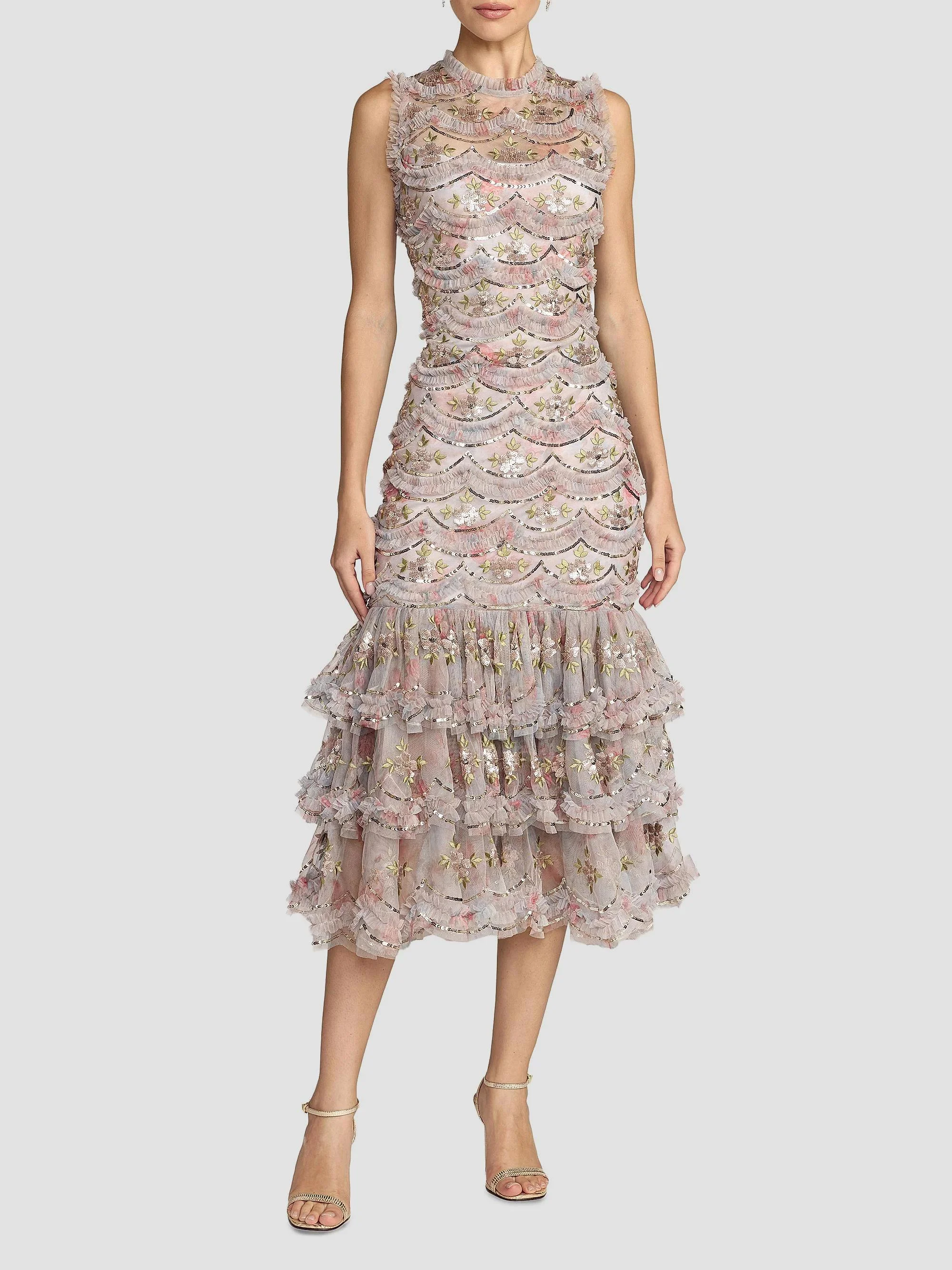Women's Floral Embroidered Ruffled Midi-Dress - Pastel Multi - 1