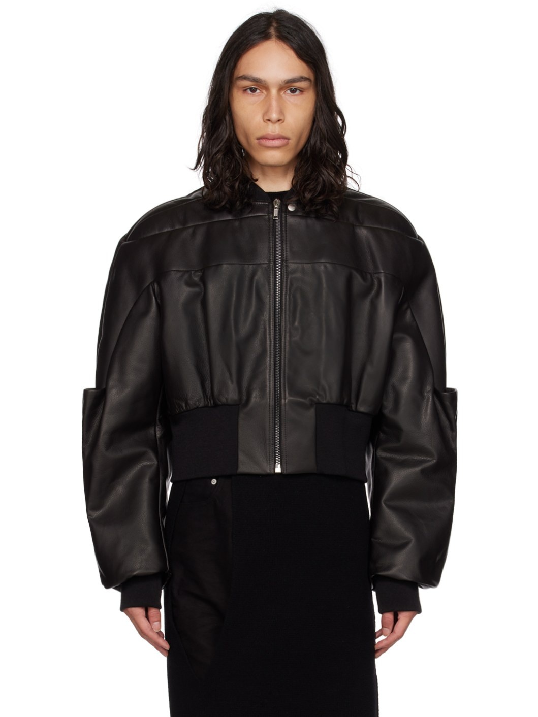 Black Girdered Leather Bomber Jacket - 1