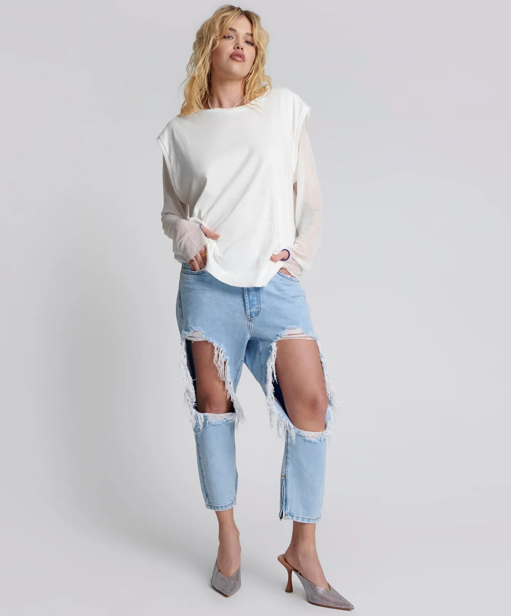 Kingpins Low Waist Cropped Boyfriend Denim Jeans - Blue Latte - 1