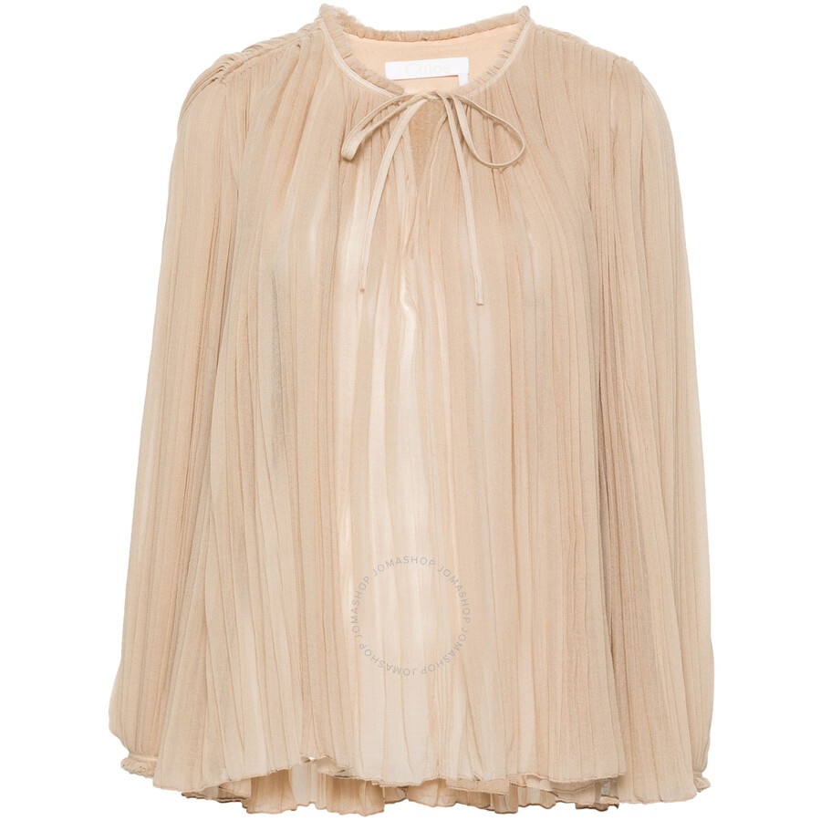 Chloe Ladies Barley Brown Semi-Sheer Pleated Blouse - 1