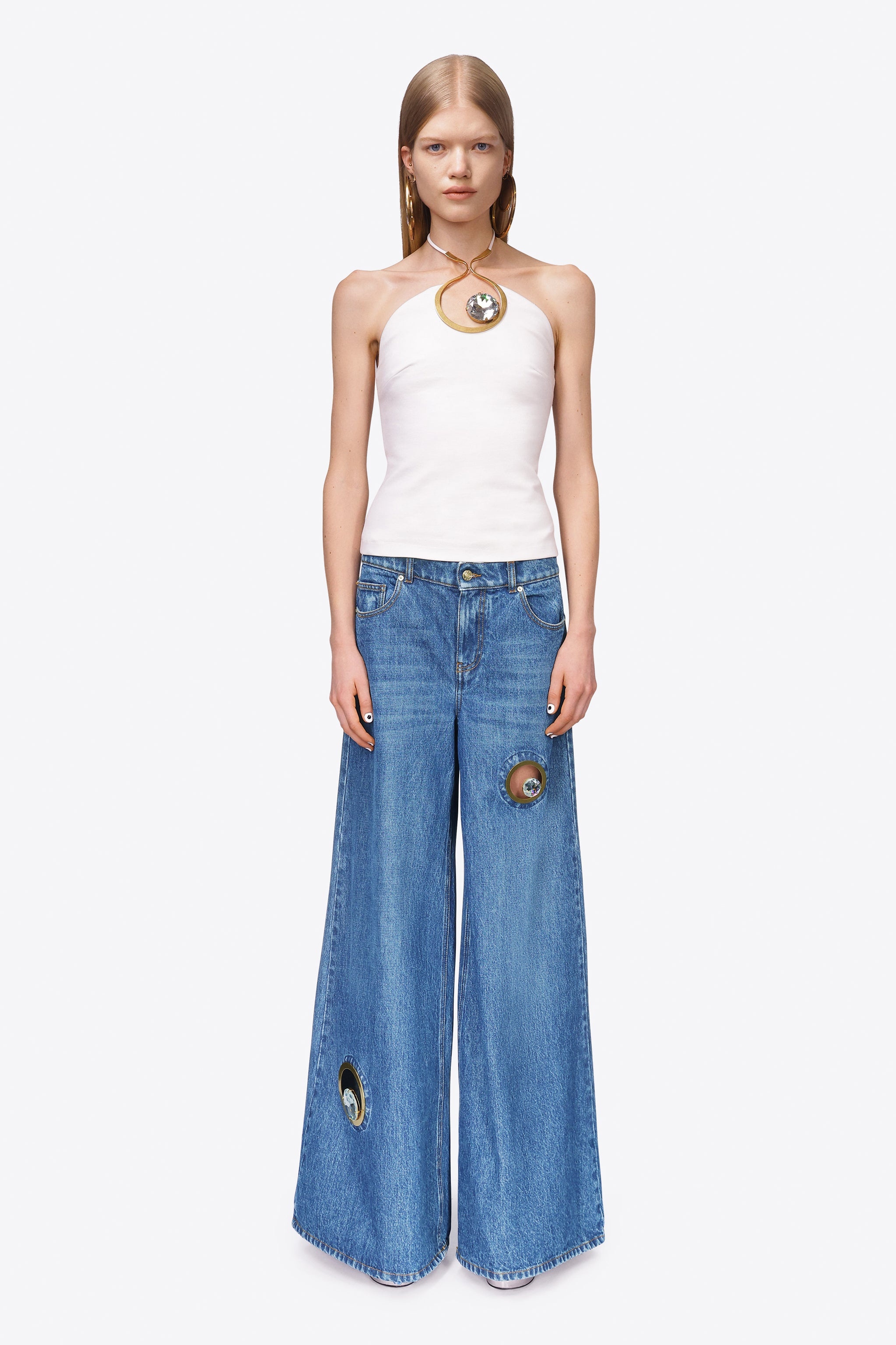 CRYSTAL EYELET WIDE LEG JEAN - 3