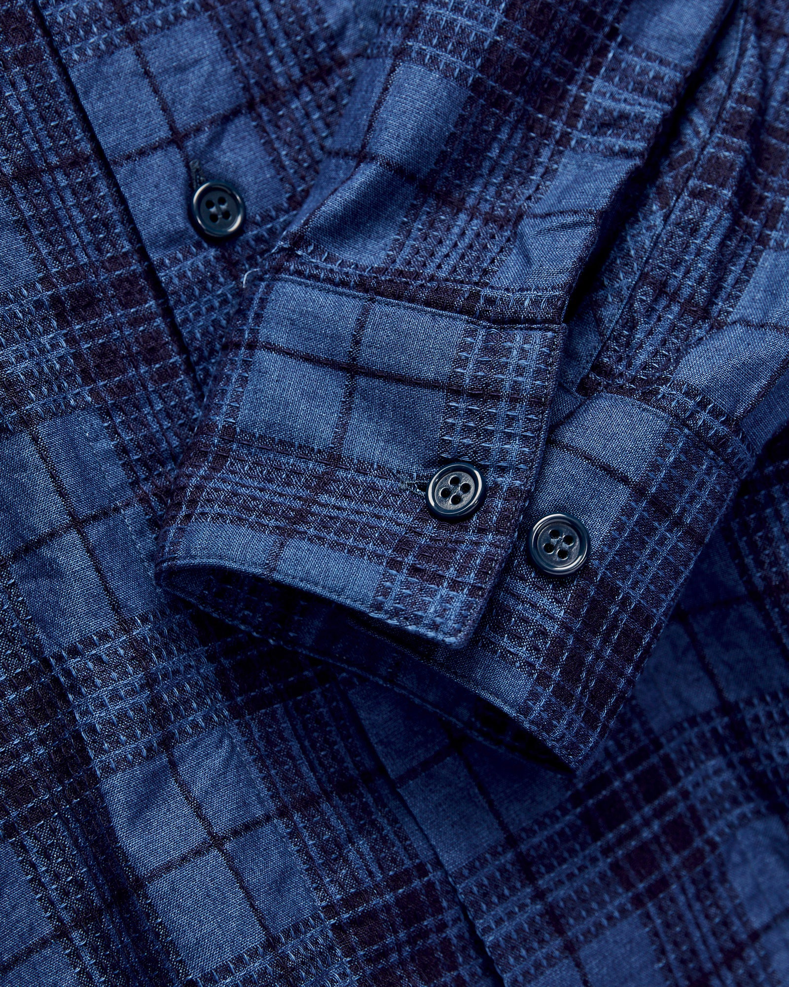 MIL Dobby Plaid Open Collar Shirt in Indigo - 6