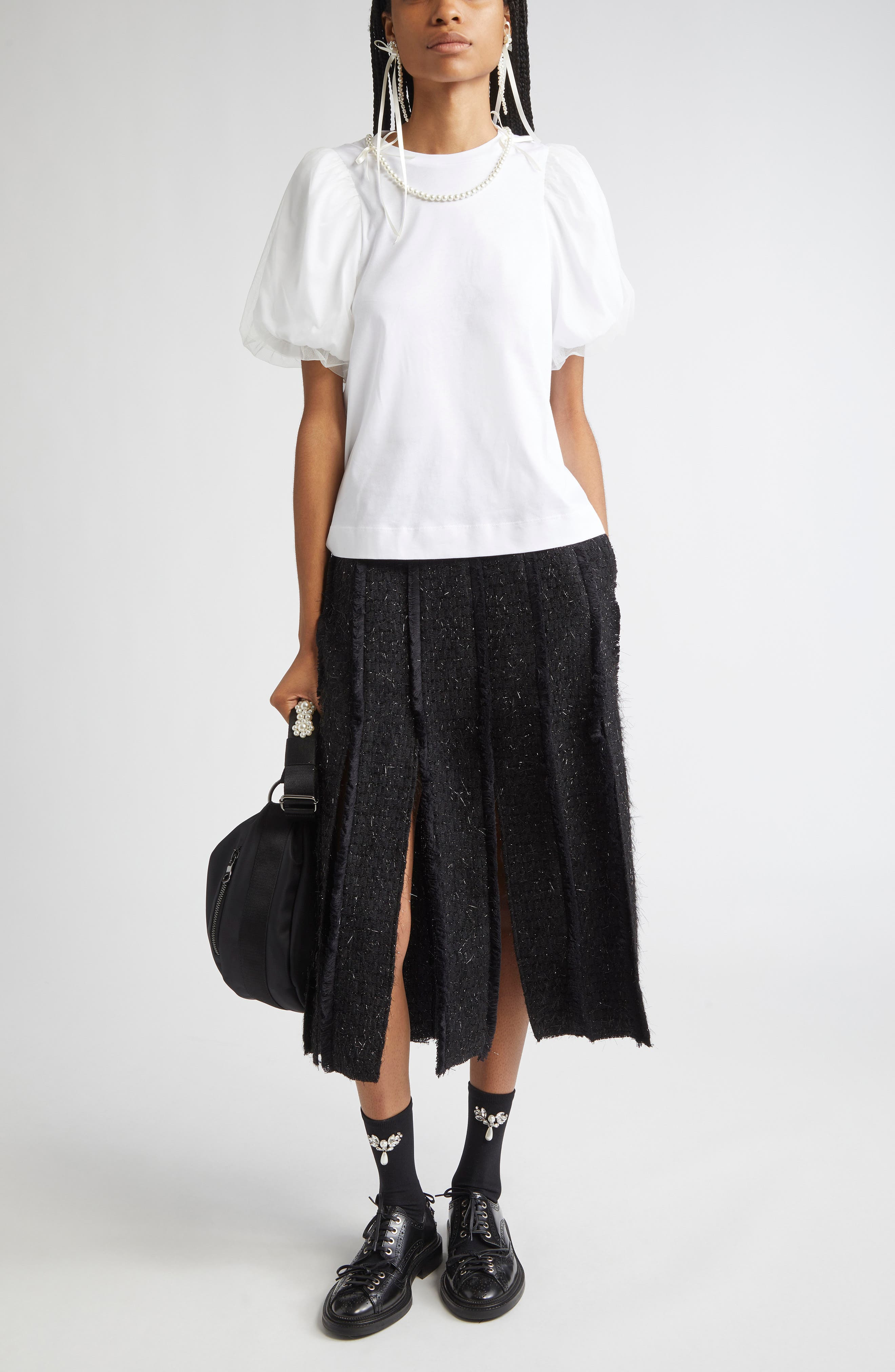 Simone Rocha Tulle Overlay Puff Sleeve T-Shirt with Faux Pearl Trim in White/Pearl at Nordstrom - 2