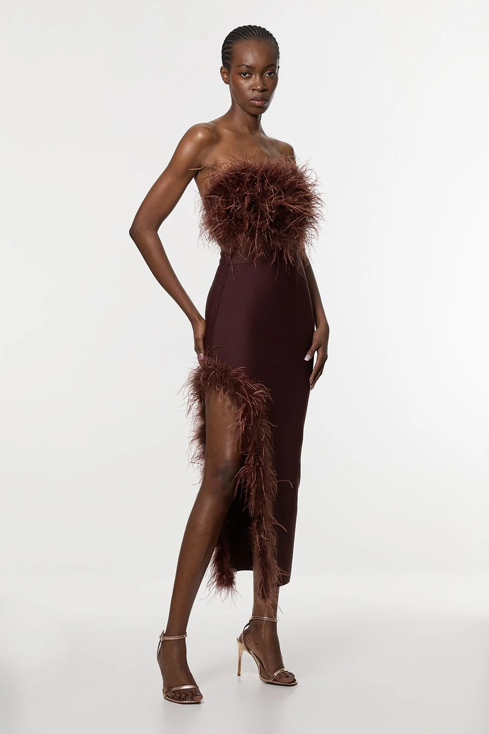 Figure Form Bandage Feather Detail Bandeau Knit Midi Dress - 1