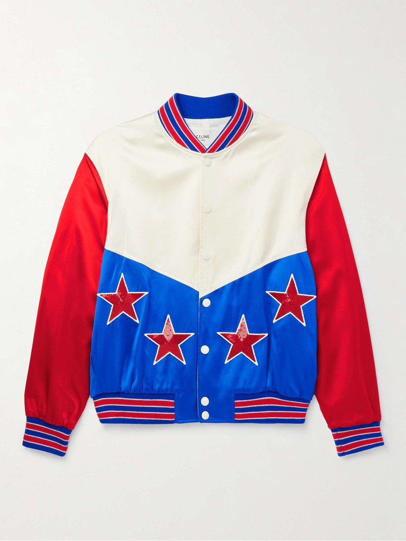 Teddy Americana Panelled Sequin-Embellished Satin Bomber Jacket 1