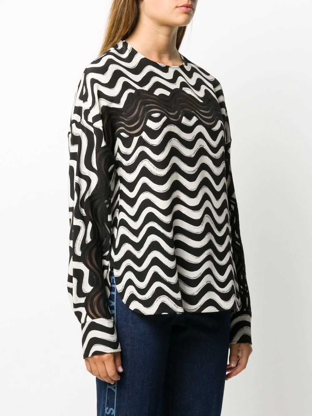 draped sleeves wave print blouse - 3