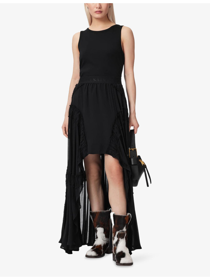 ALLSAINTS Dorina Branded-Waistband Ruched Cotton Midi Skirt outlook