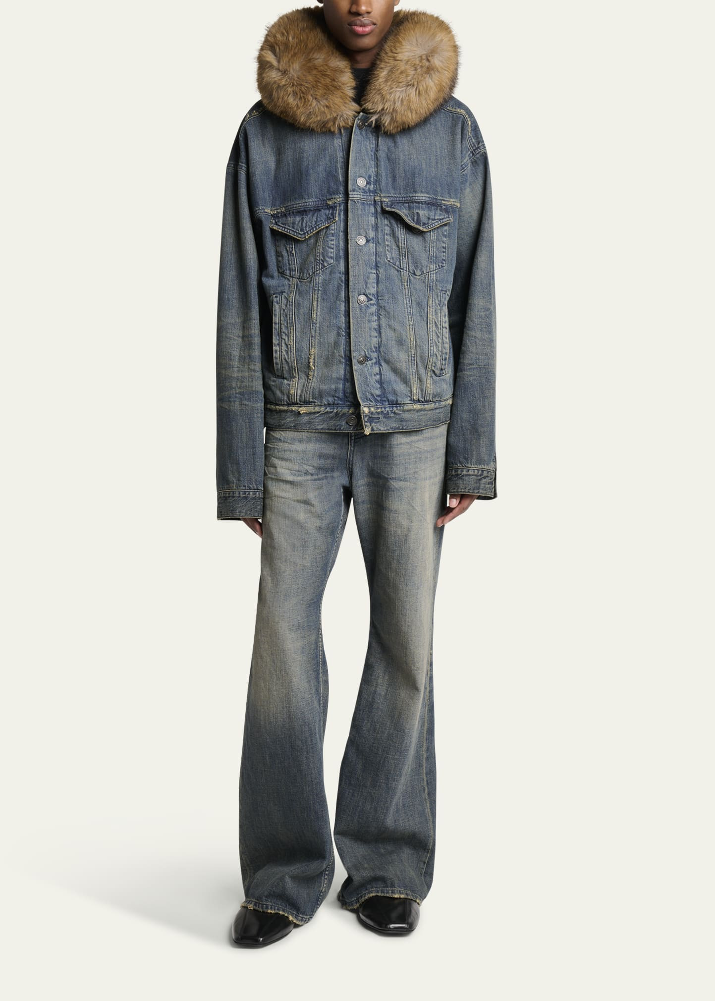 Men's Faux Fur-Trim Hooded Denim Trucker Jacket - 2