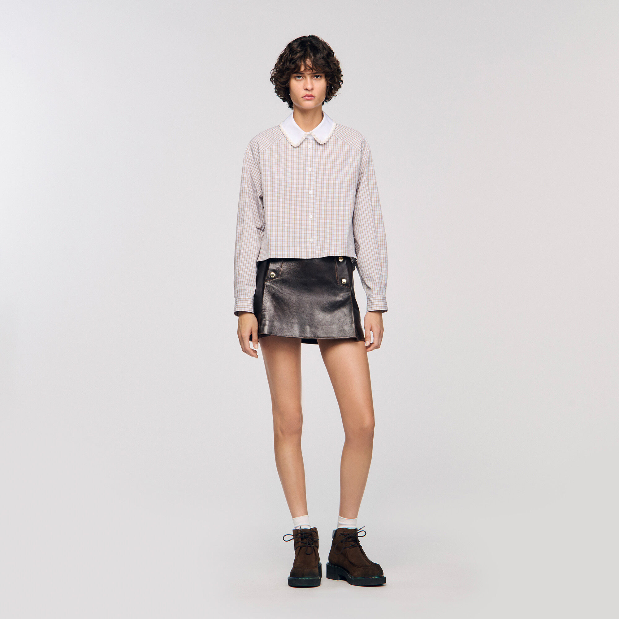 PLAID AND PEARL COLLAR SHIRT - 2