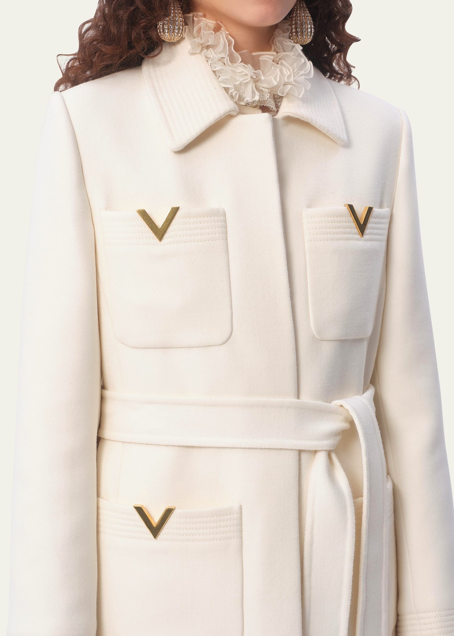 V Logo Collared Wool Coat - 5