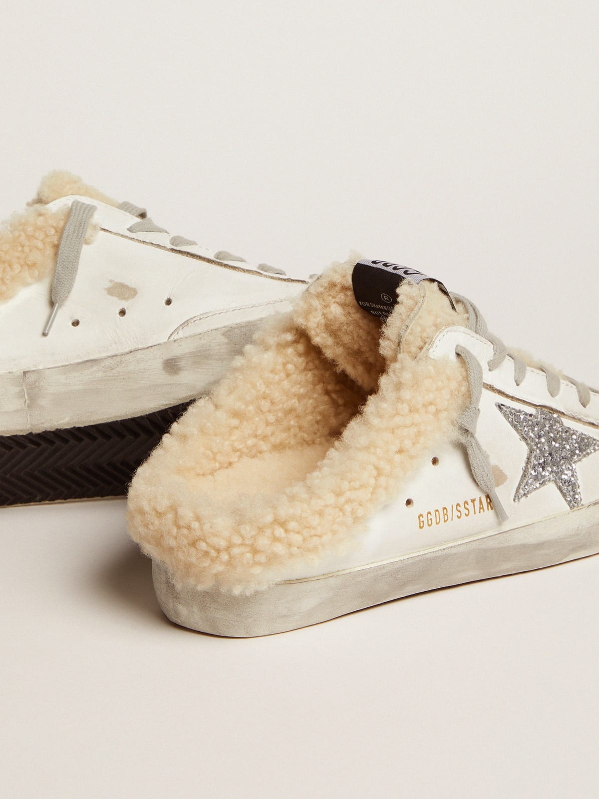 Super-Star Sabots in white leather with silver glitter star and shearling lining - 3