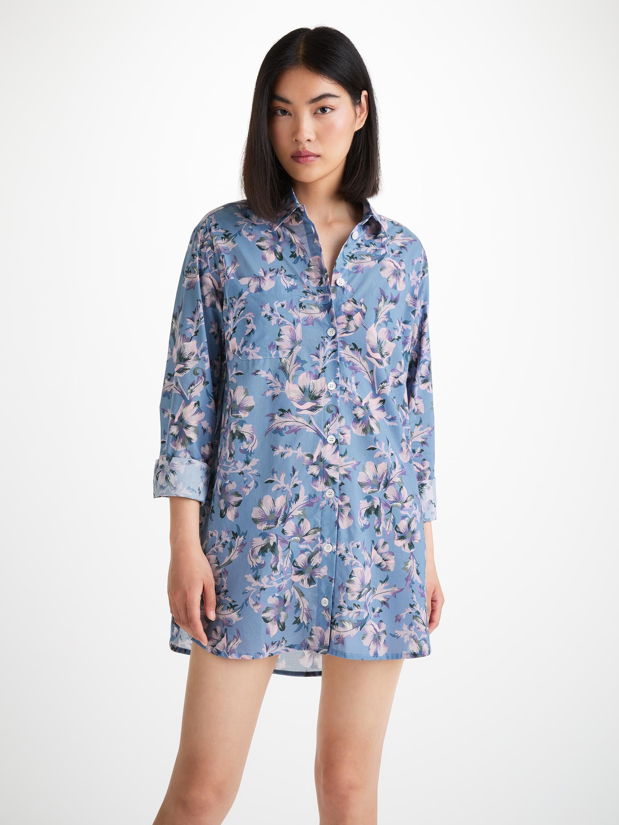 Women's Nightshirt Cotton Batiste Blue Wildflower Print - 3