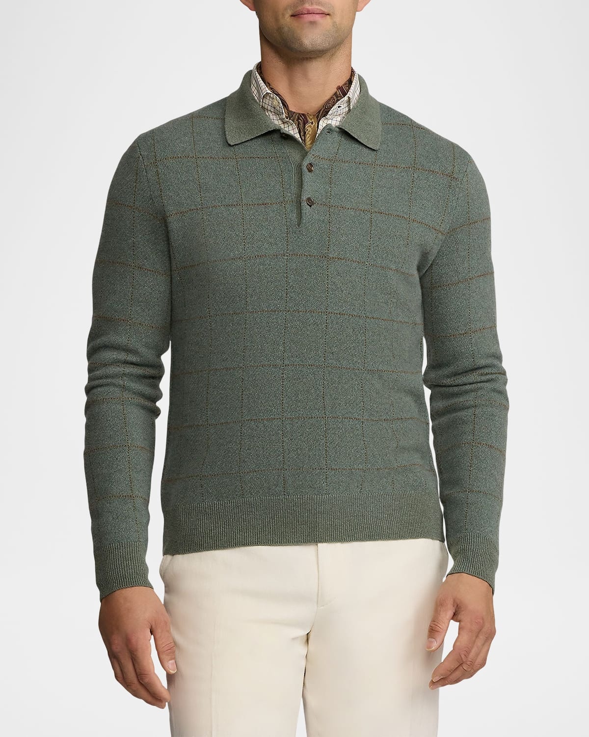 Men's Plaid Cashmere-Wool Polo-Collar Sweater - 4