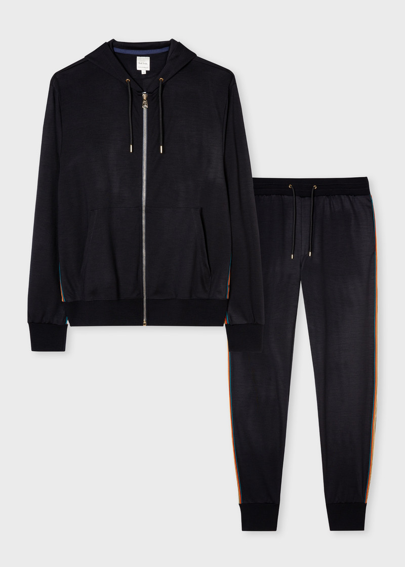 Navy Zip-Front Washable Wool 'Signature Stripe' Hoodie and Sweatpants Set 1