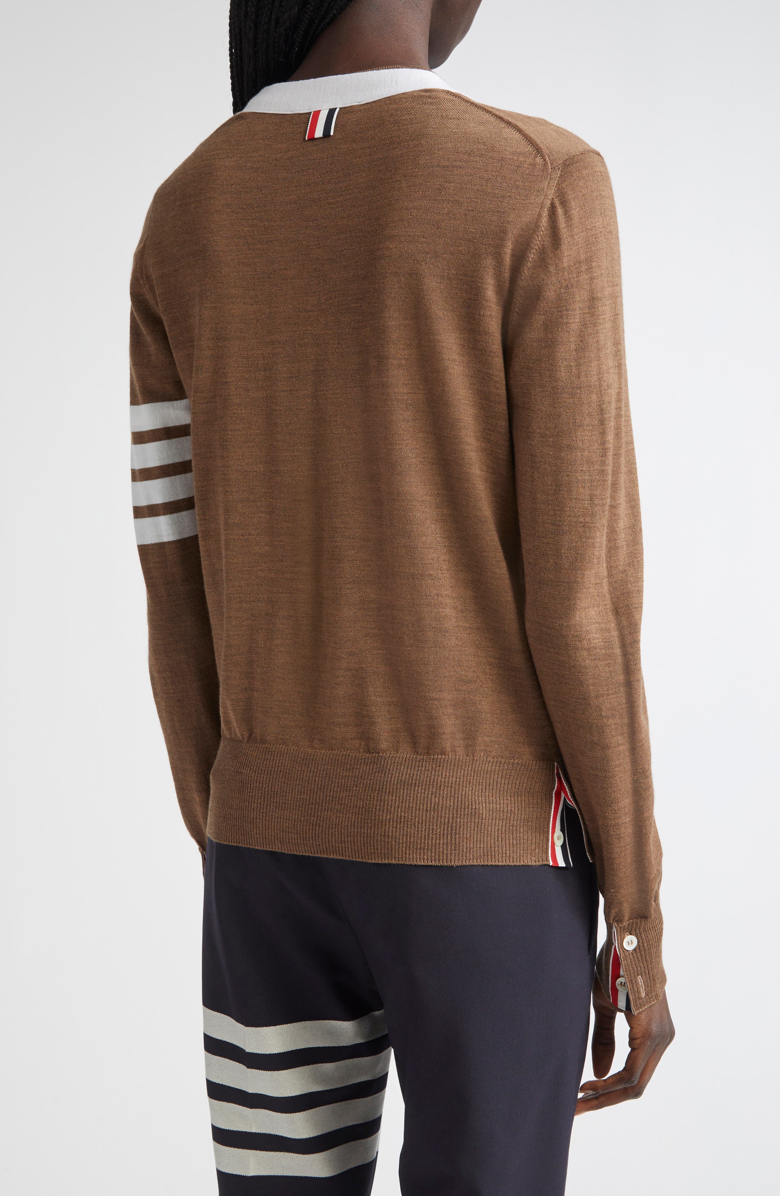 Thom Browne 4-Bar Relaxed Fit V-Neck Virgin Wool Cardigan in Walnut at Nordstrom - 3