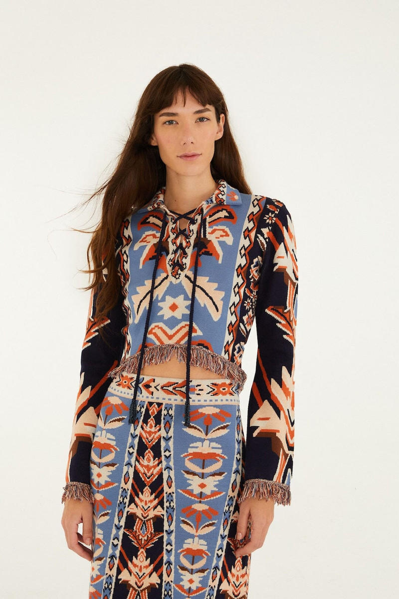 Multicolor Tapestry Fringes Knit Top 1