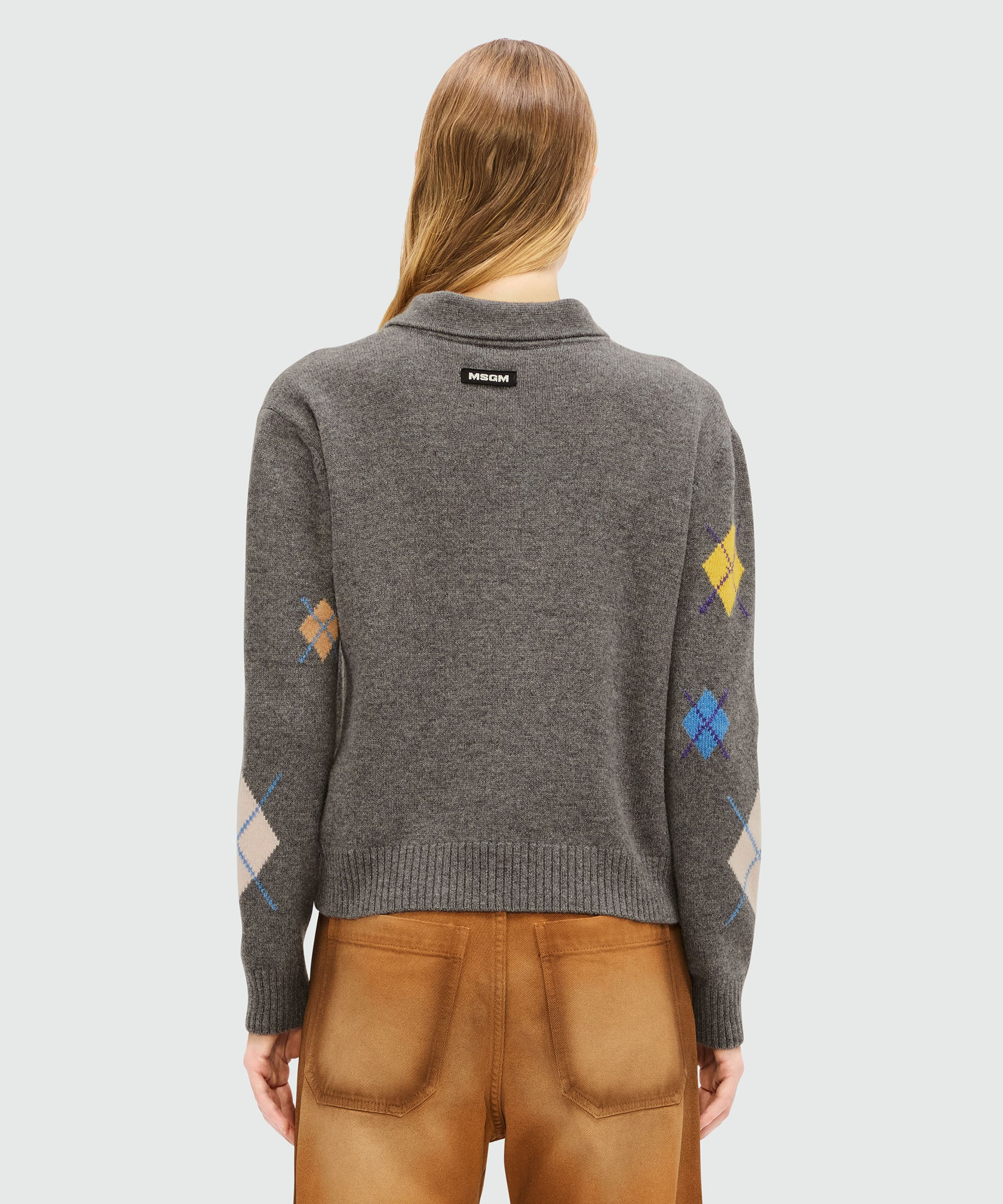 Long-sleeved polo shirt in grey melange with multicolor argyle pattern - 2