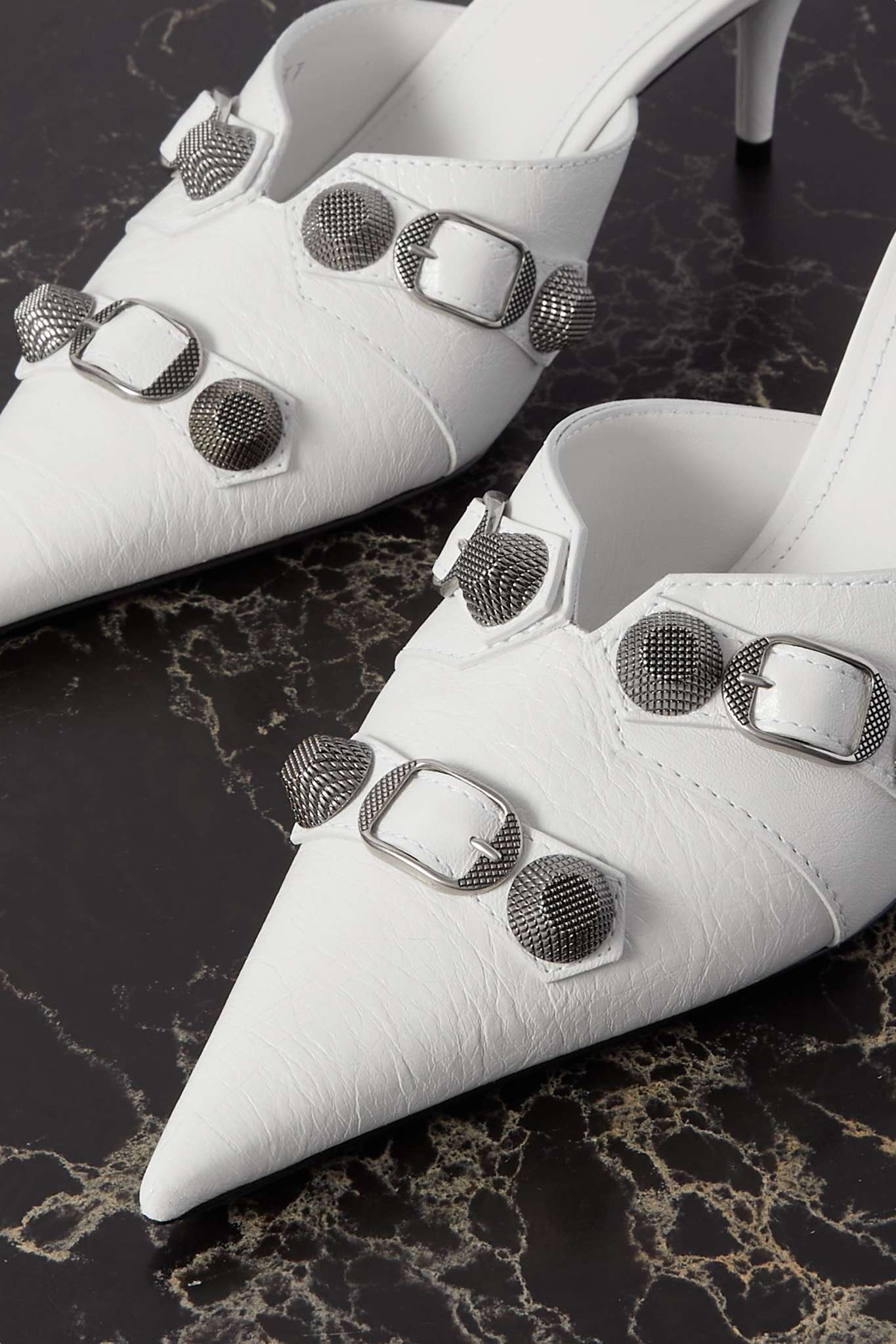 BALENCIAGA Cagole studded crinkled-leather mules