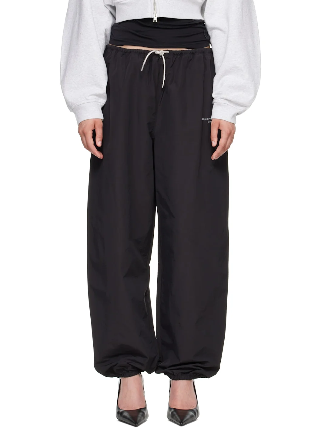 Black Rhinestone Drawcord Mid-Rise Track Pants - 1