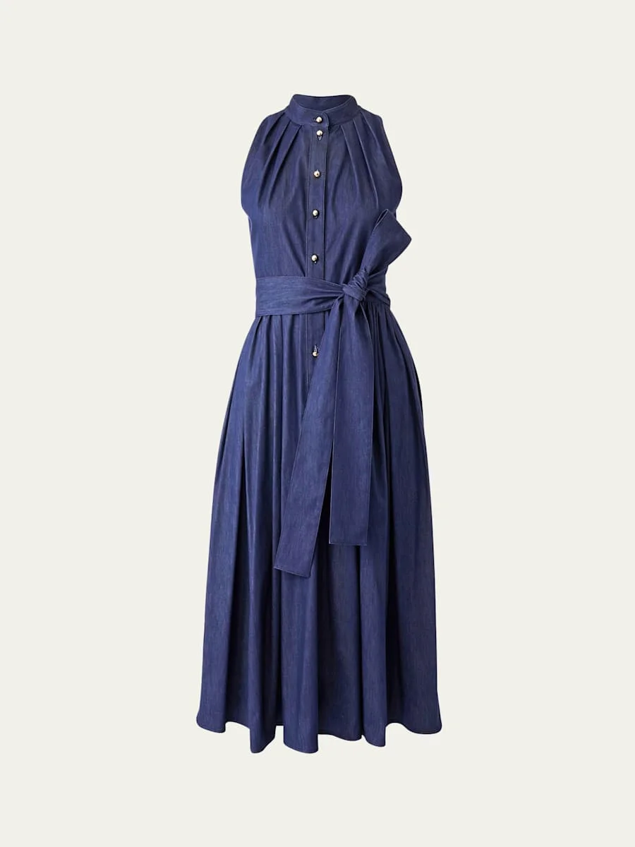 Pleated Self-Tie Full Midi Dress - 1