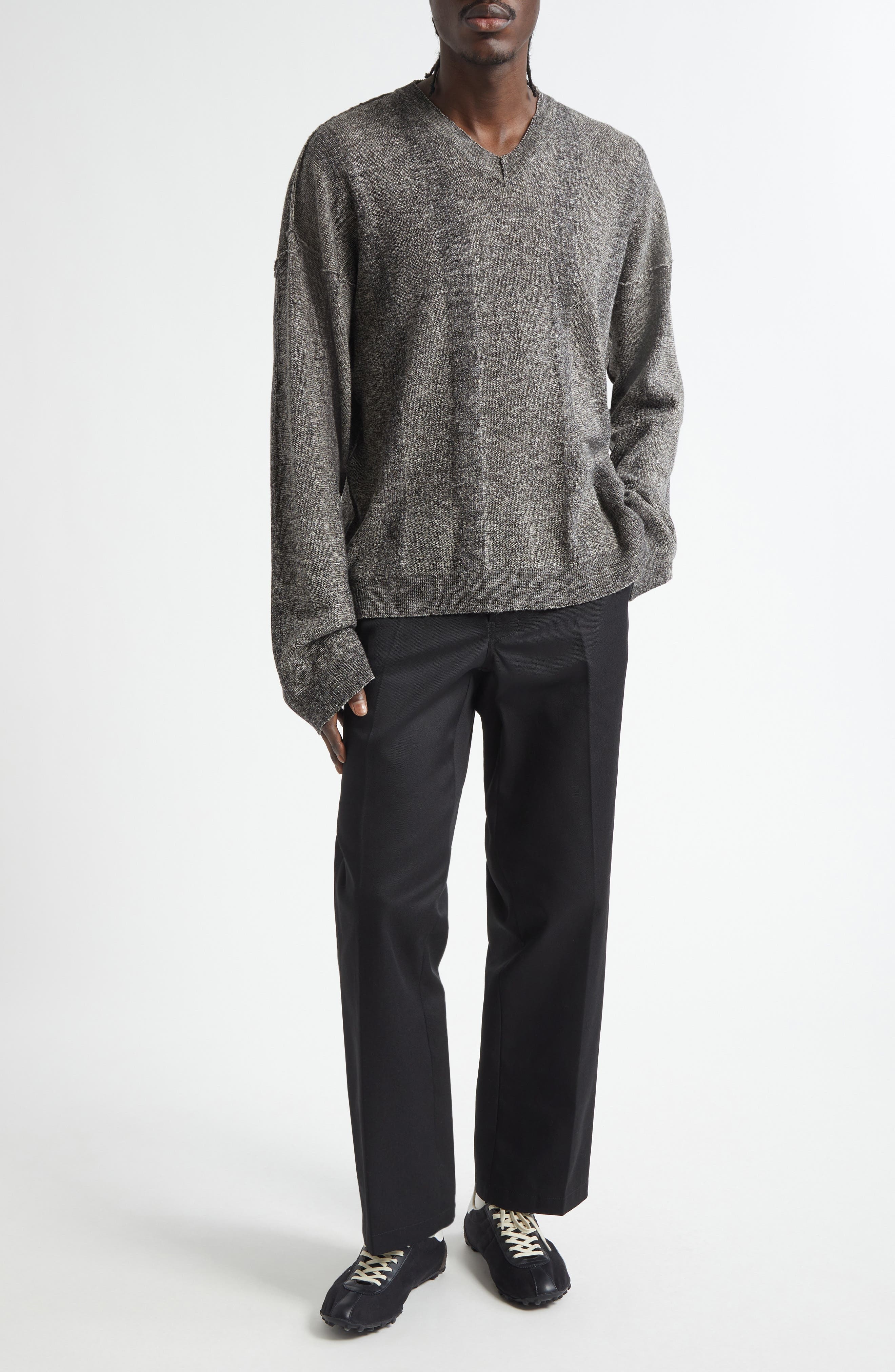 Maison Margiela Linen & Cotton Blend V-Neck Sweater in Black at Nordstrom - 1