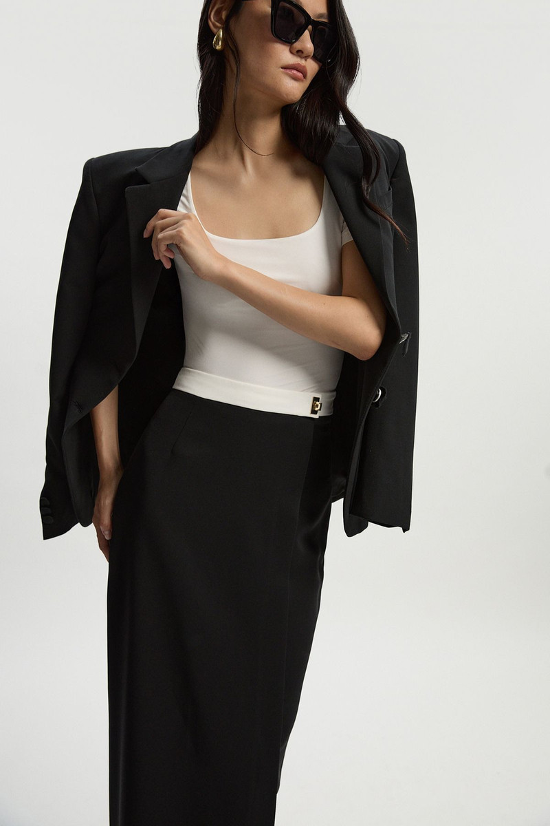 Petite Twill Contrast Hardware Woven Midi Skirt 1