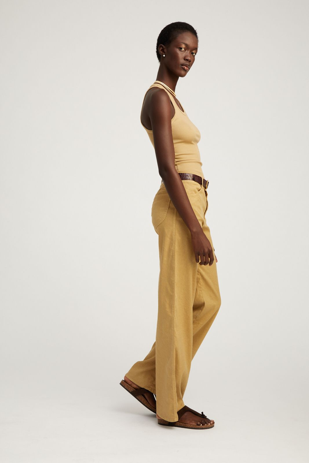 KHAKI LINEN 5 POCKET WIDE LEG PANTS - 3