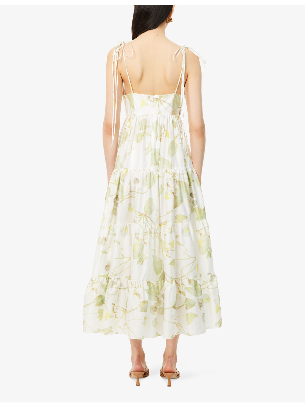 Leaf-Print Sleeveless Flared Cotton Midi Dress - 4