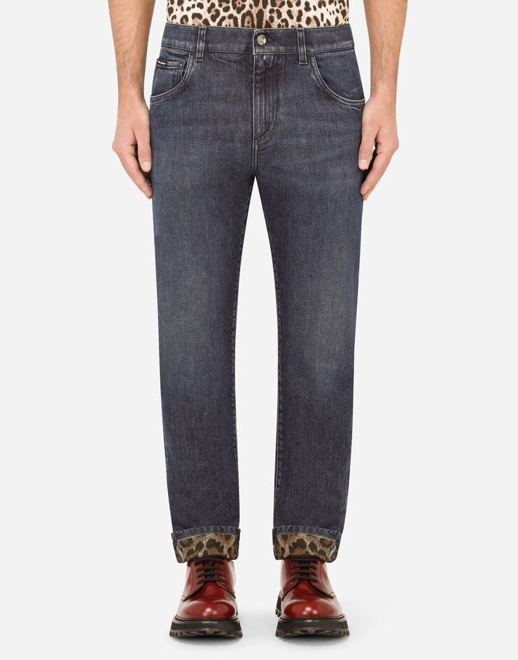 Blue wash slim-fit stretch jeans with leopard print - 1