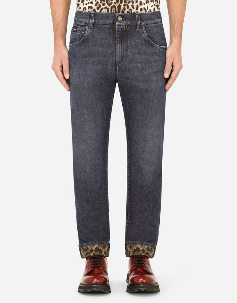 Blue wash slim-fit stretch jeans with leopard print 1