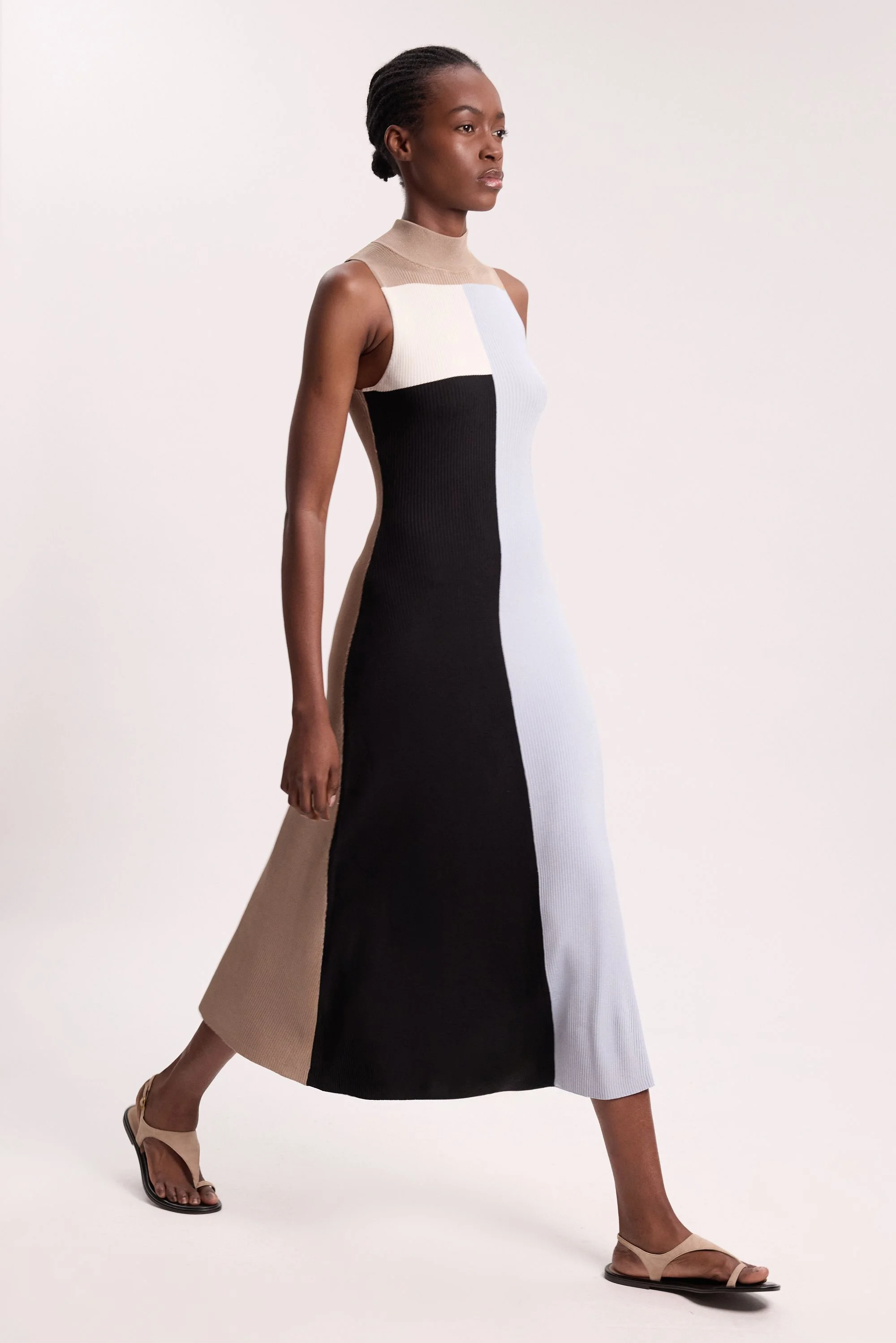 Slinky Viscose Colour Block Full Skirted Knit Sleeveless Midi Dress - 1
