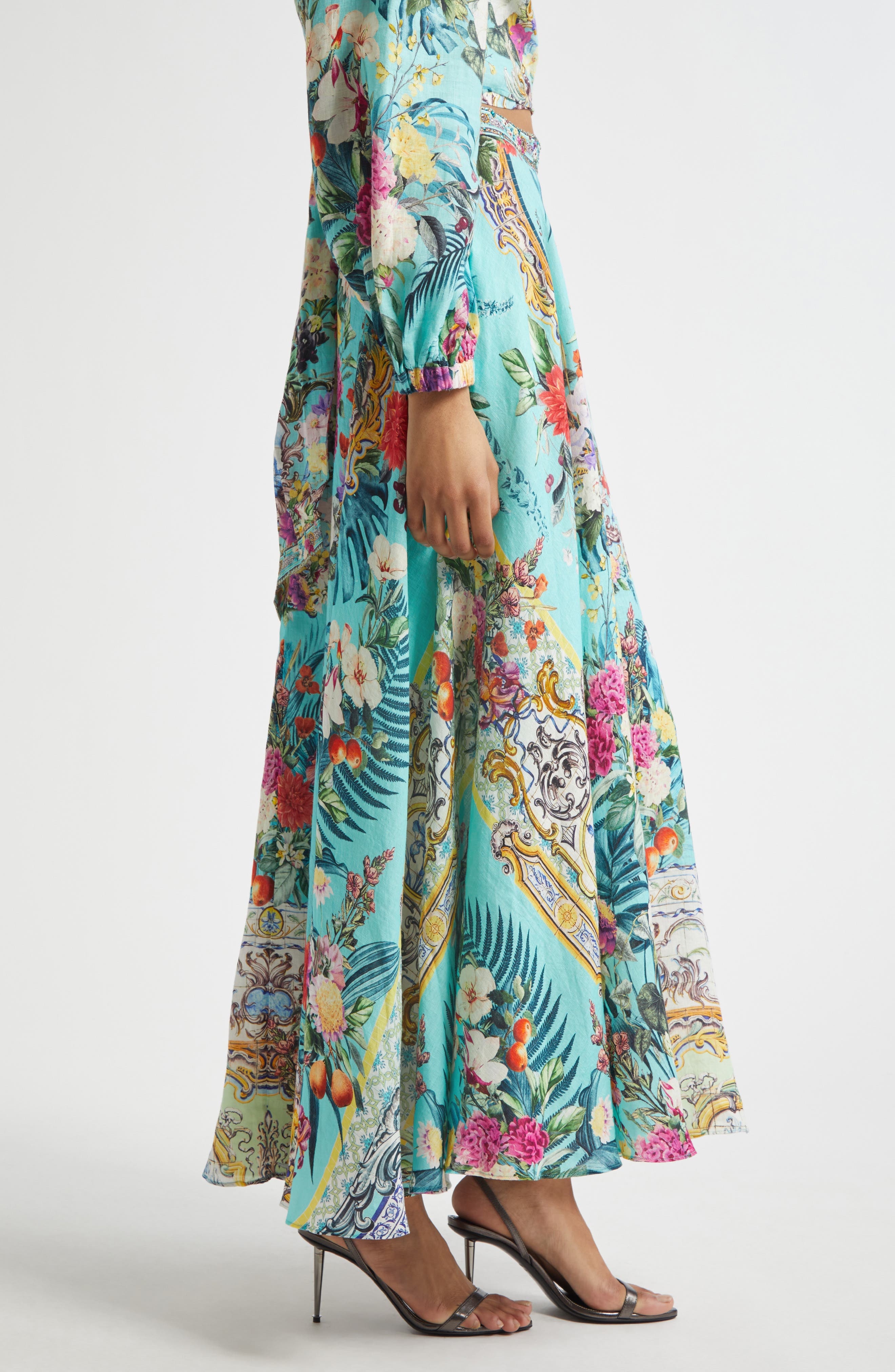 Camilla Crystal Embellished Linen Maxi Skirt in Gardens Of Queluz at Nordstrom - 4