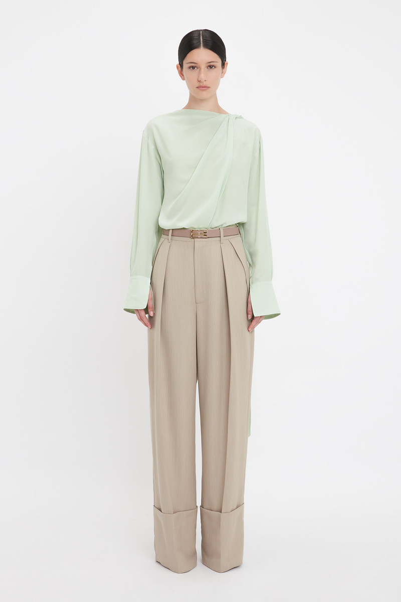 Victoria Beckham Wide Leg Turn-Up Trouser In Almond outlook