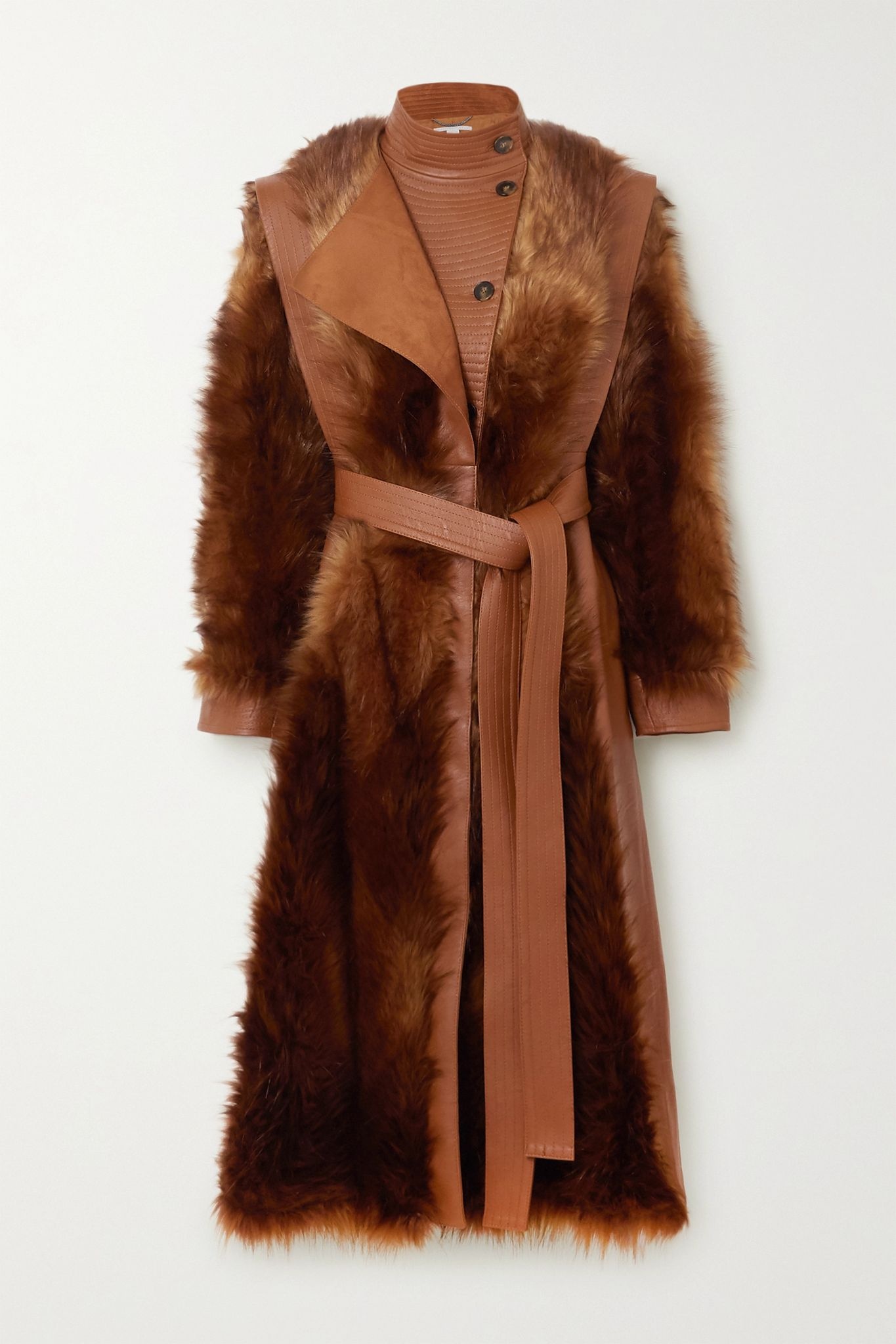 Belted vegetarian leather and faux fur coat - 1