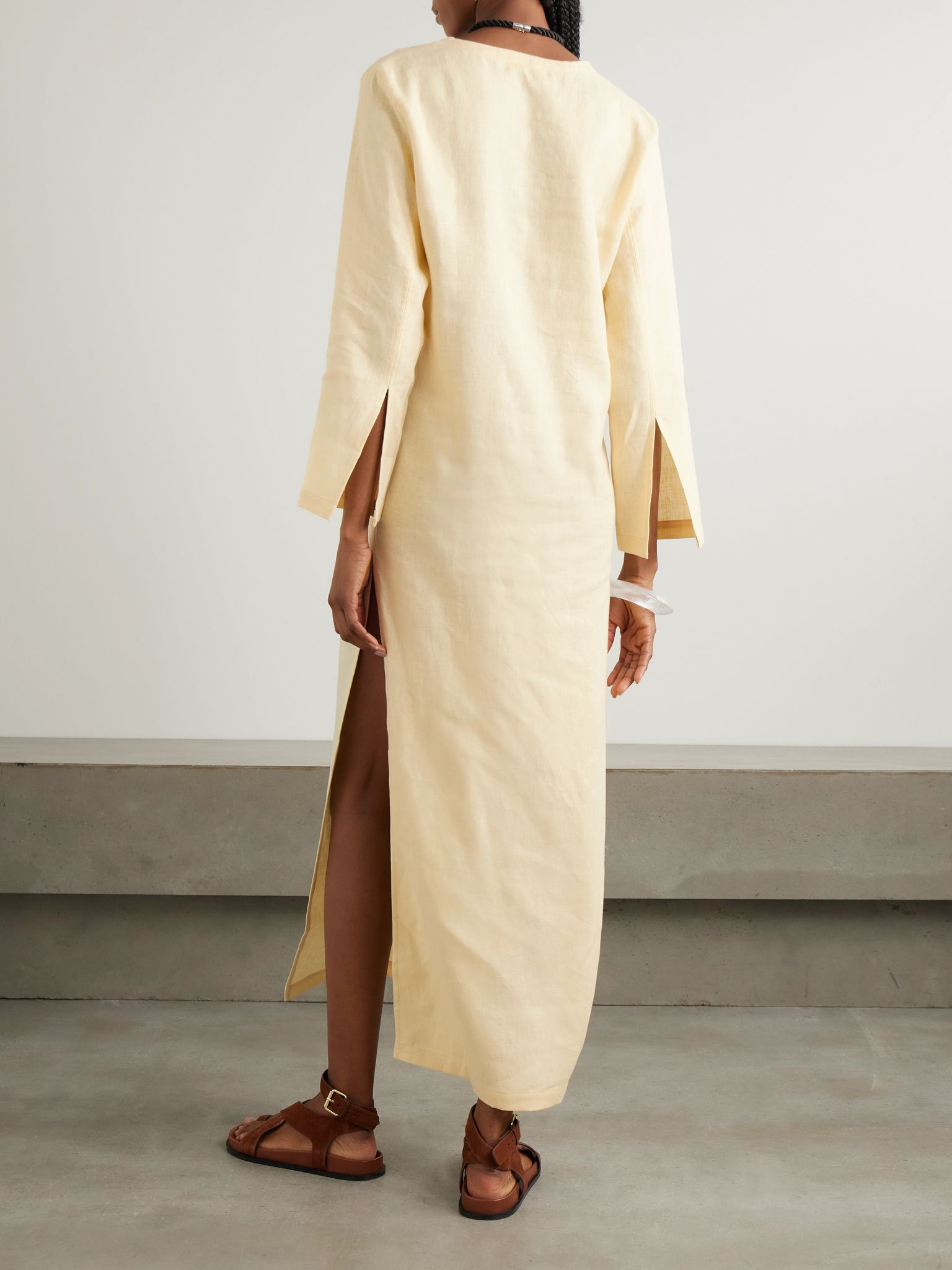 Pearl-embellished linen kaftan Cream - 3