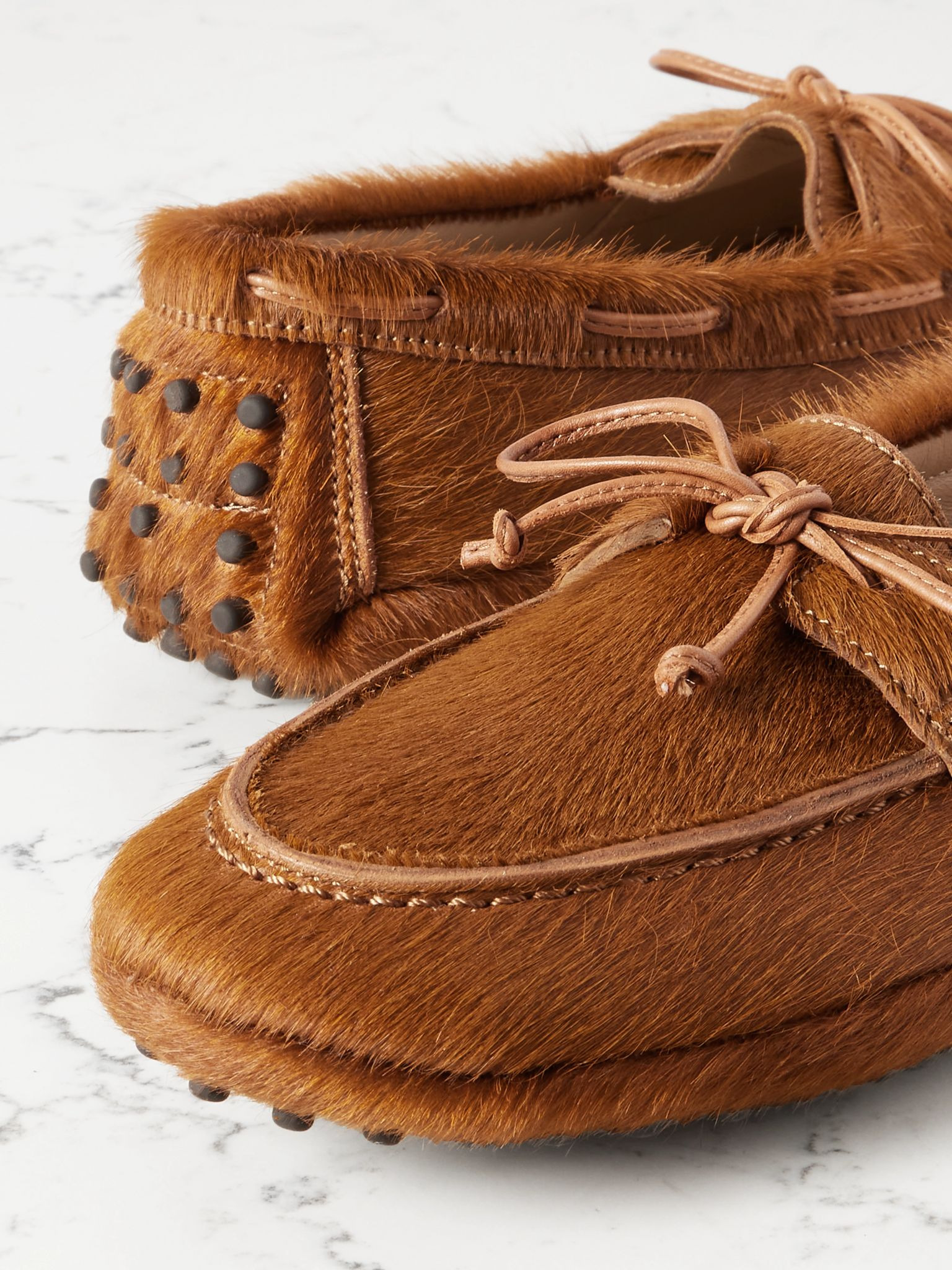 Driver leather-trimmed calf hair loafers Tan - 4
