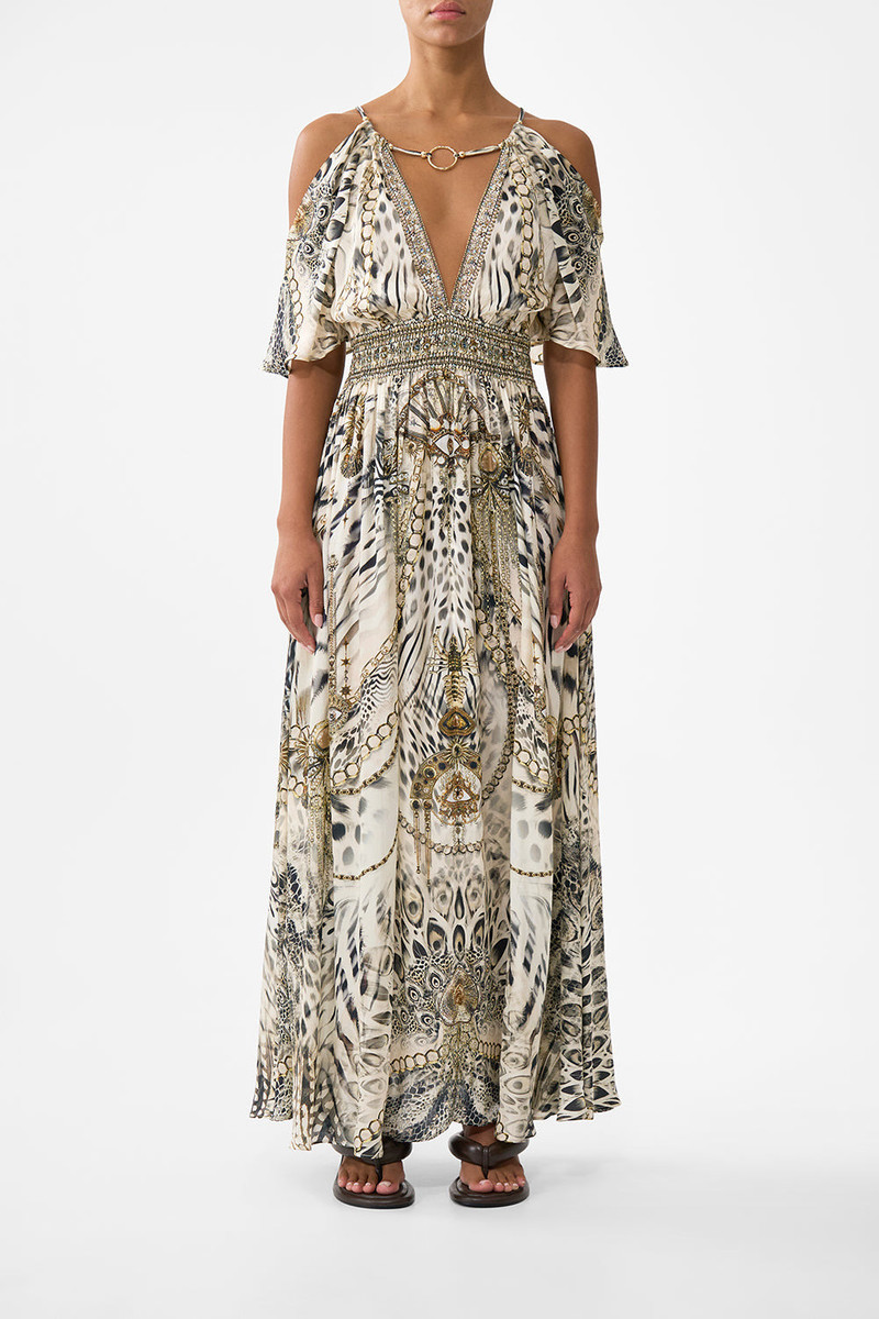 CAMILLA NECK CHARM SHIRRED WAIST LONG DRESS outlook