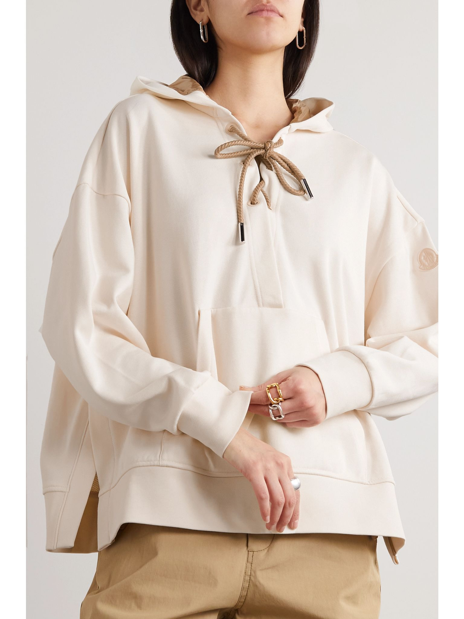 Lace-up cotton-blend jersey hoodie Cream - 3