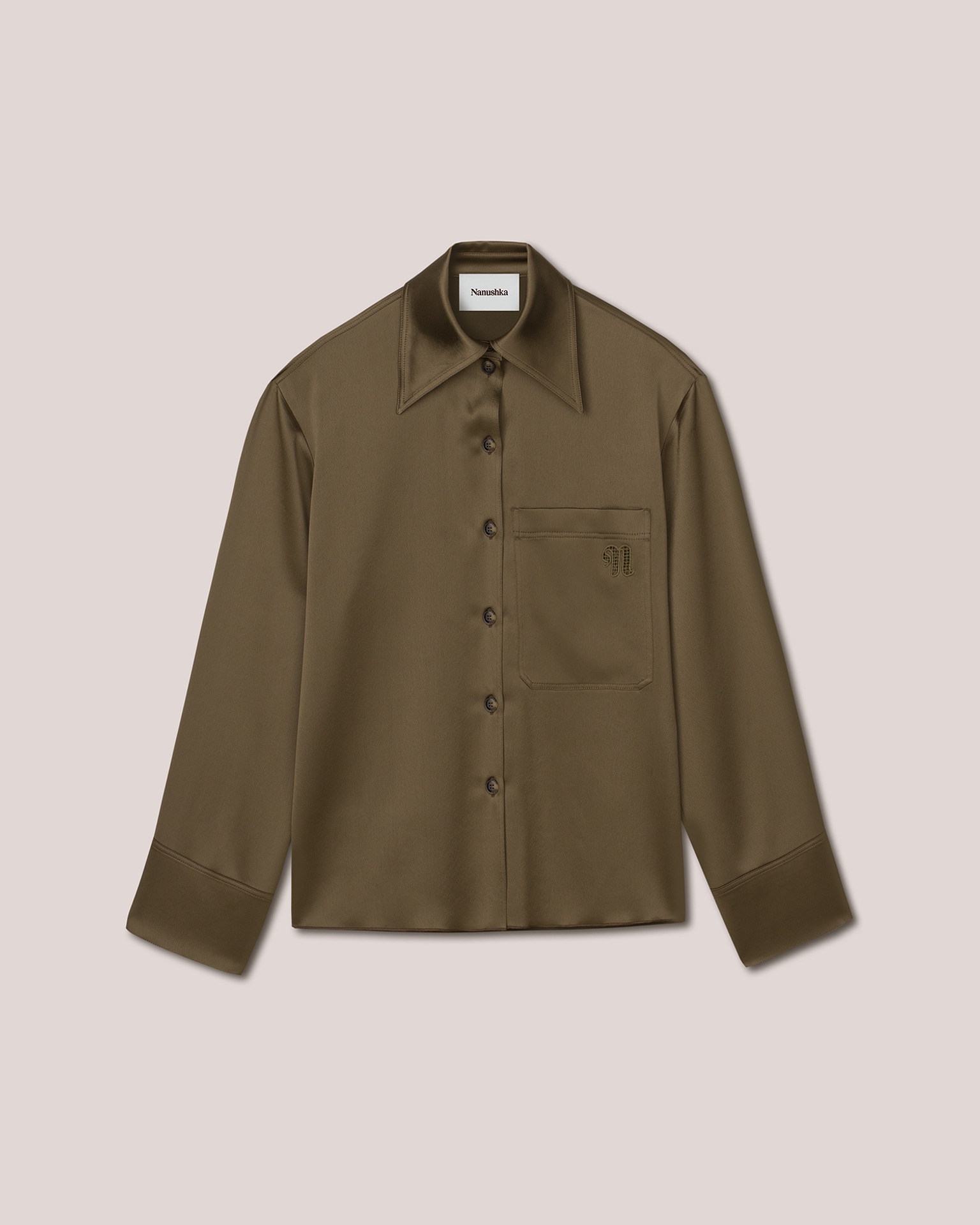 EBBA - Relaxed fit satin long sleeve shirt with slight pilgrim collar - Dark khaki - 1