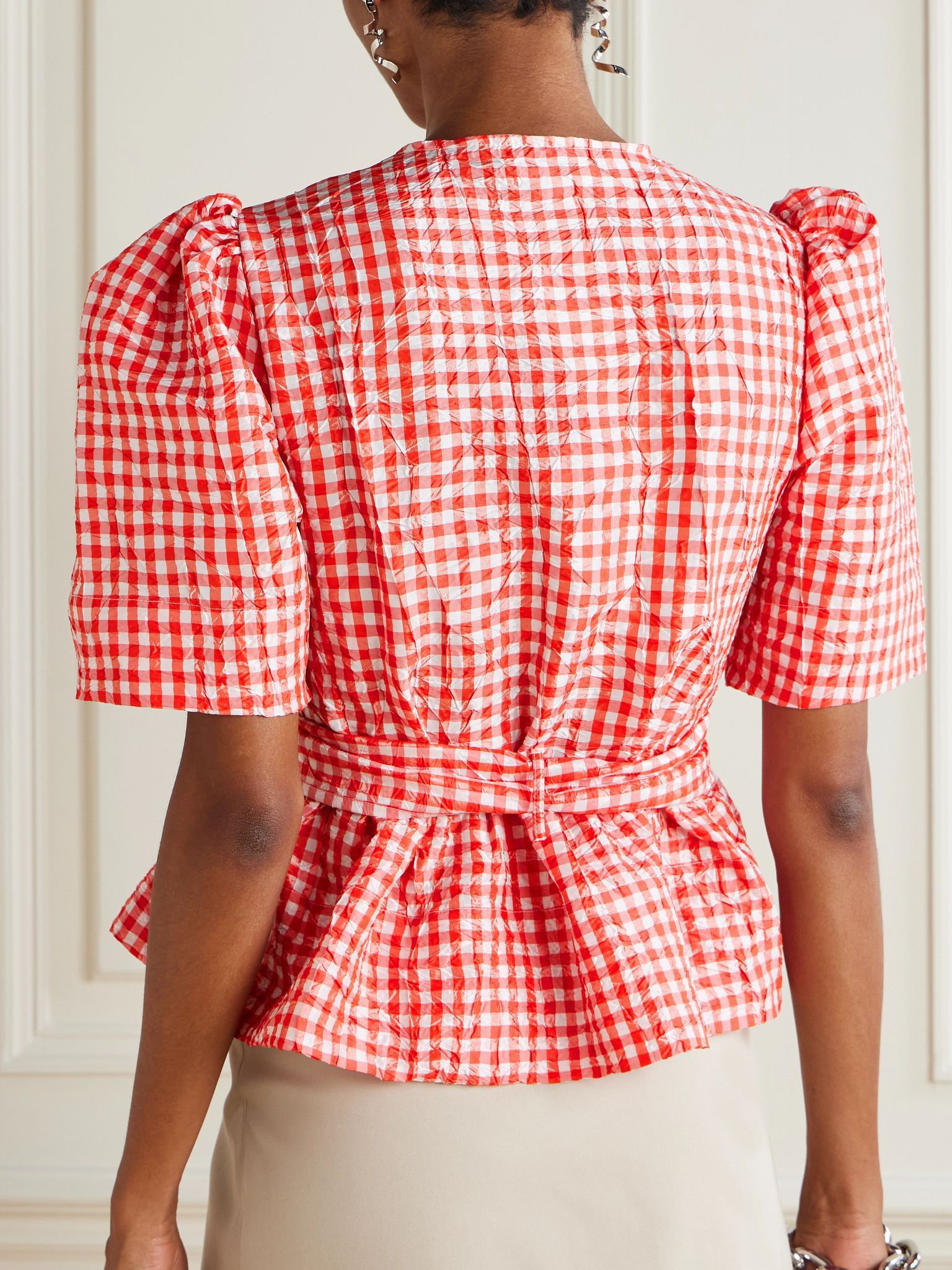 Bow-detailed gingham crinkled-taffeta peplum blouse Red - 3