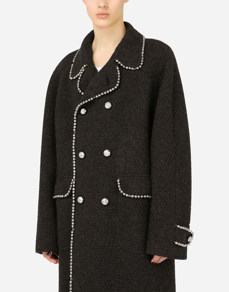 Double-breasted wool knit coat with pearls - 4