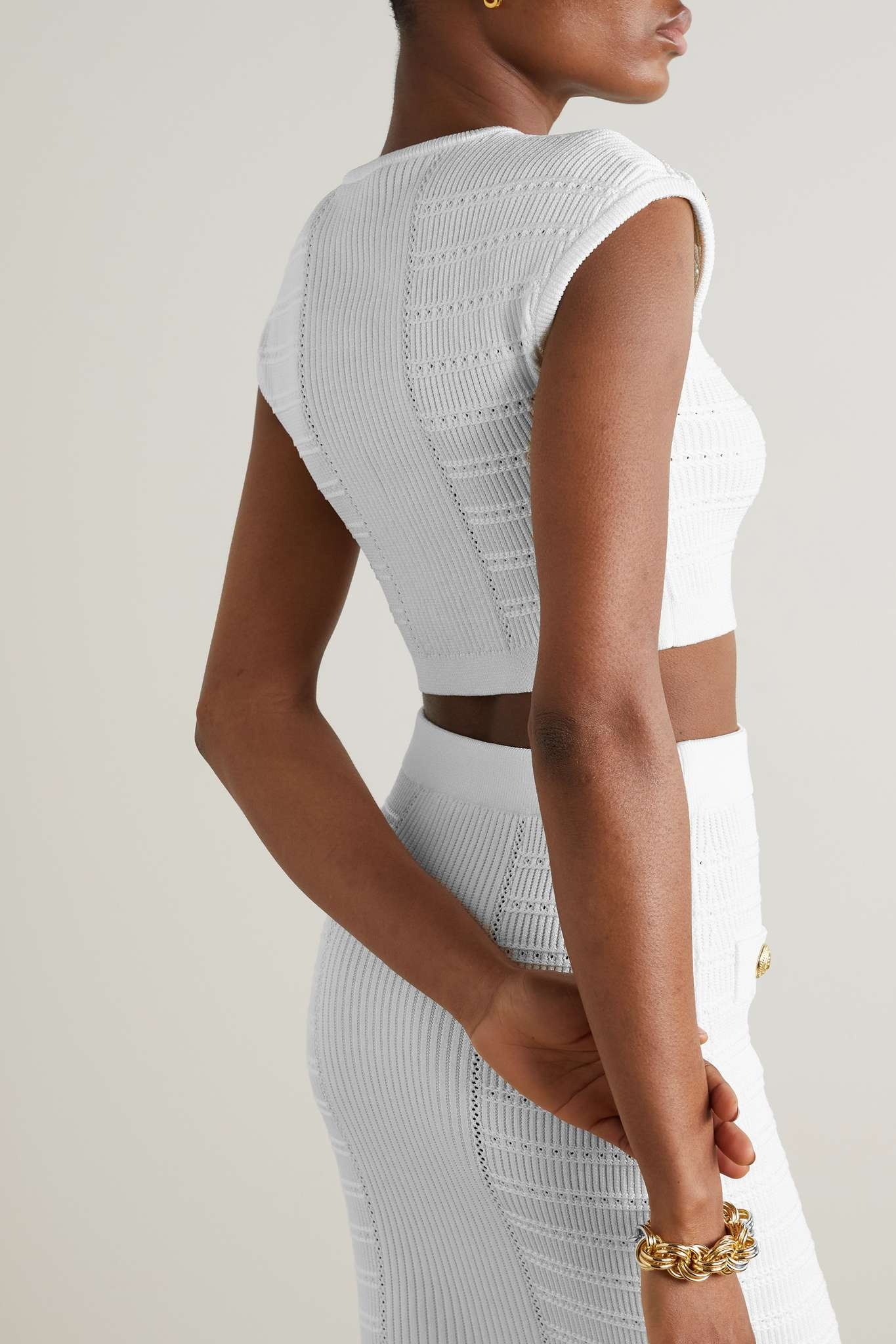 Cropped button-embellished ribbed-knit top - 3