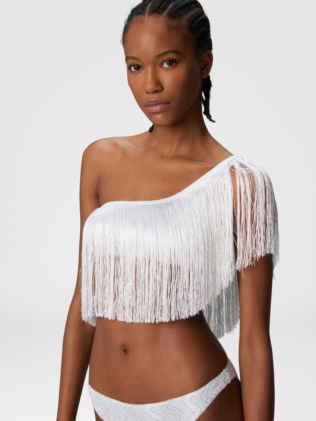 One-shoulder zigzag lamé viscose bikini with fringes - 4