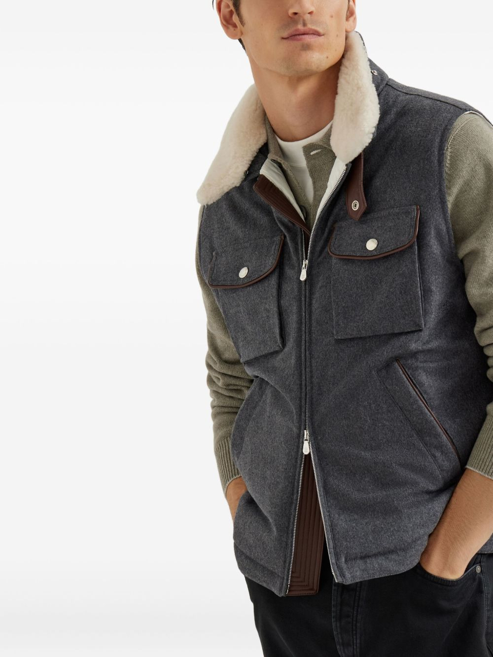 shearling-collar wool vest - 3