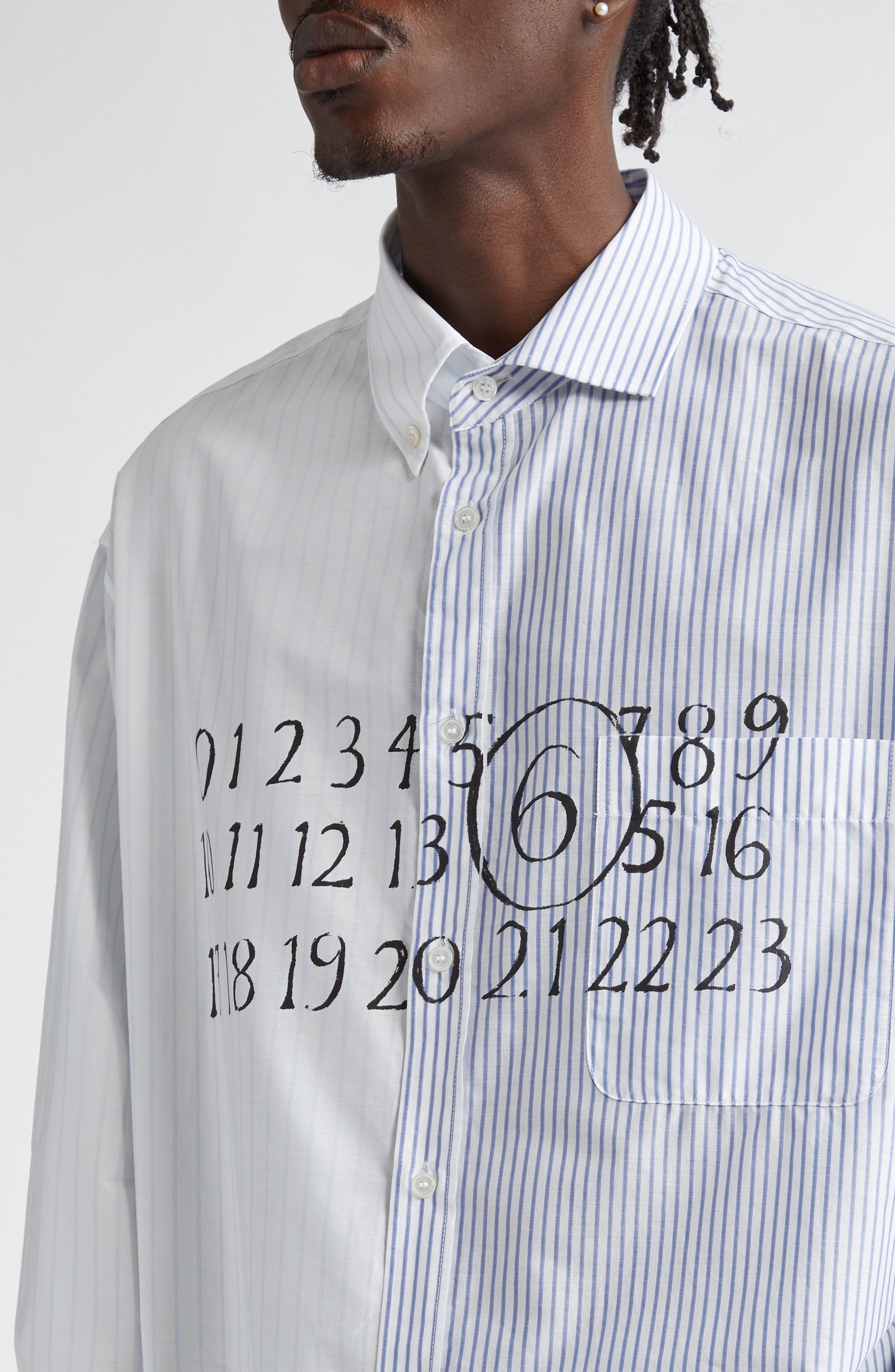 MM6 Maison Margiela Numeric Motif Stripe Asymmetric Cotton Poplin Shirt in Stripes White/beige/blue  - 5