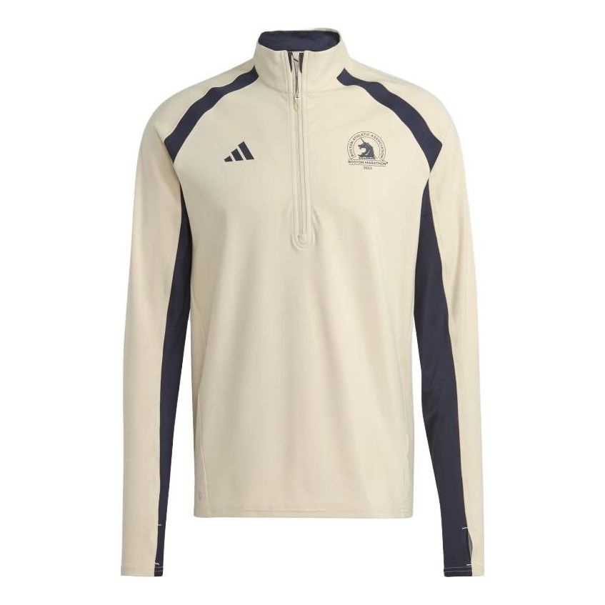 adidas Boston Marathon 1/2-Zip Long Sleeve Running T-Shirt 'Beige Black' HY3259 - 1