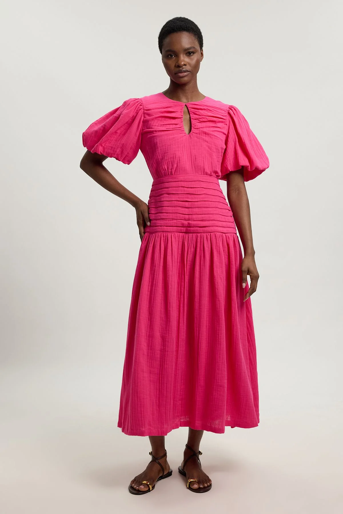 Double Cloth Balloon Sleeve Midi Dress - 1